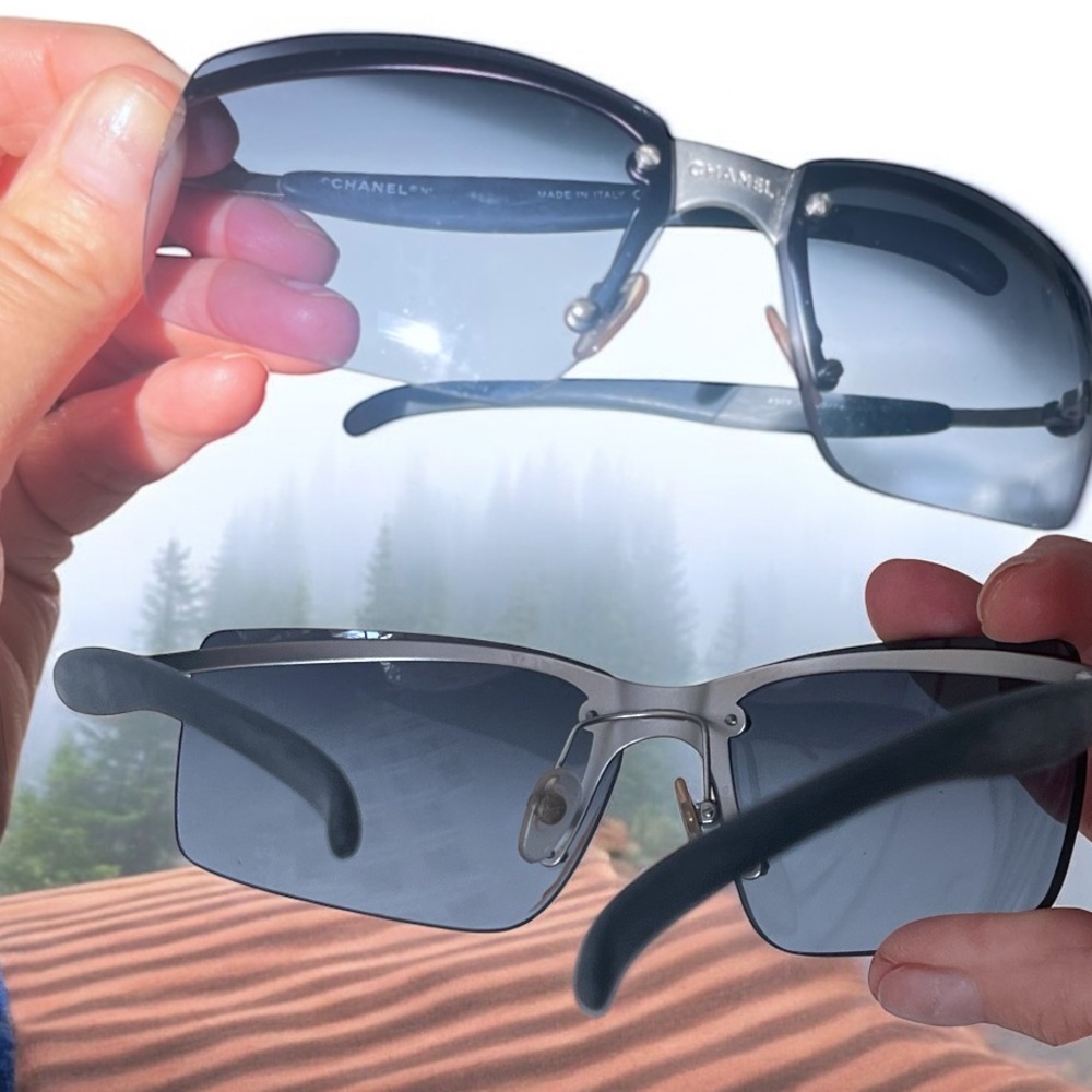 CHANEL Silver Rimless Sunglasses with Gray Lenses